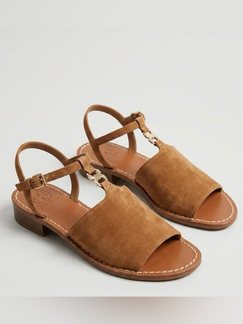 Tory Burch Tan Suede T‑Strap Open‑Toe Slingback Sandals with Gold Logo Accent